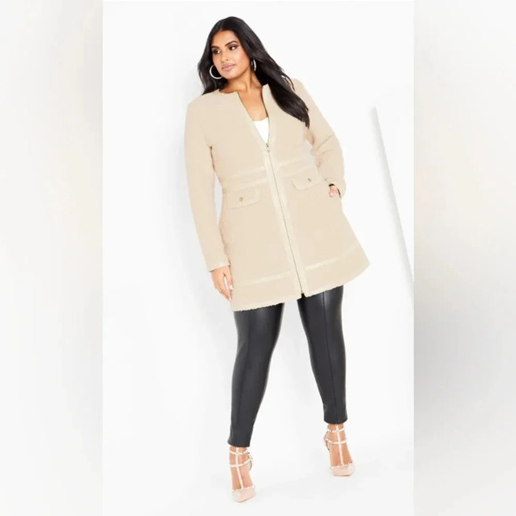 City Chic Women Buff Beige Neutral Polyester Zipped Winter Escape Coat S… - Picture 3 of 14